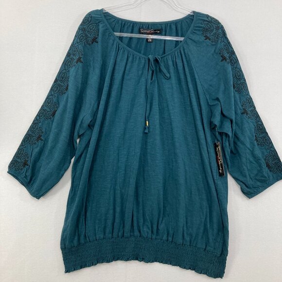 New French Laundry size 1X Teal Embroidered Cotton Stretch Tie Front Blouse - Picture 1 of 9